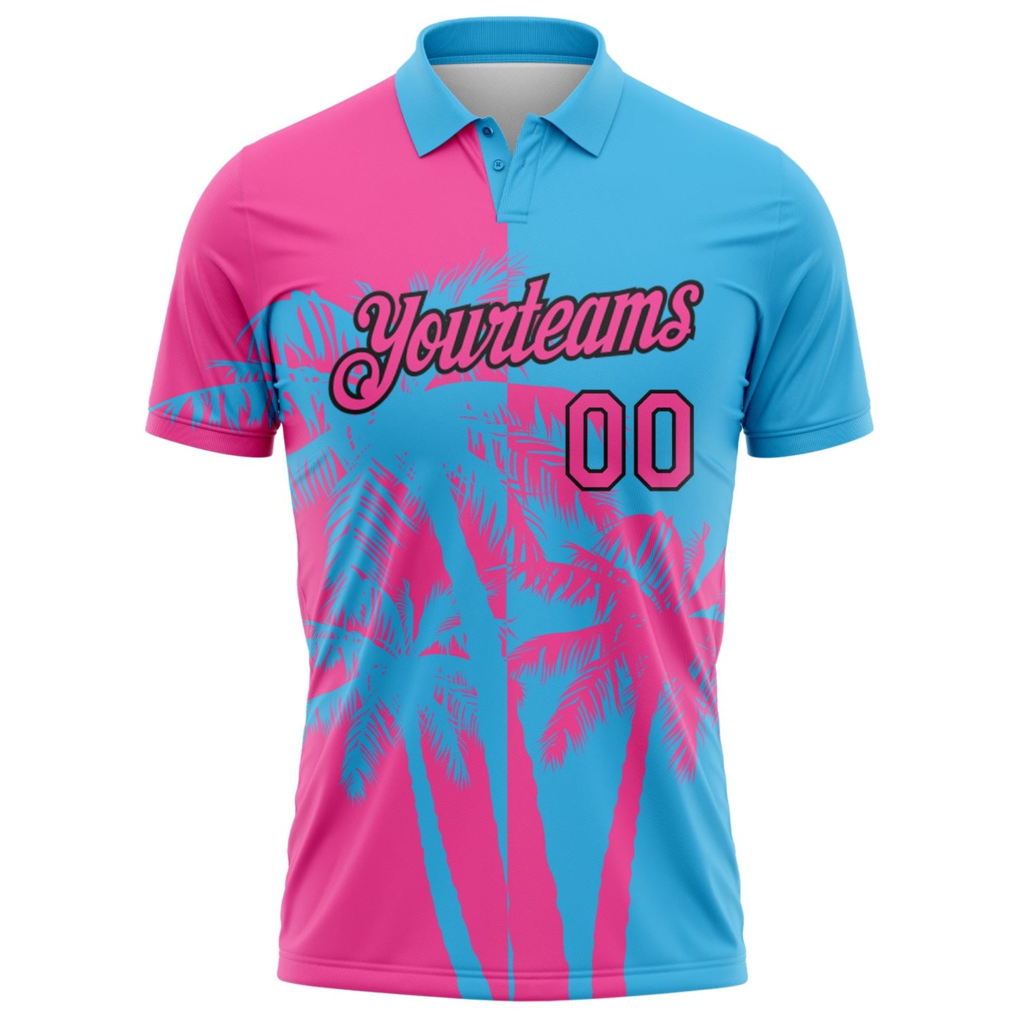 Custom Sky Blue Pink-Black Hawaii Tropical Coastal Palm Trees Performance Polo Shirt view 2