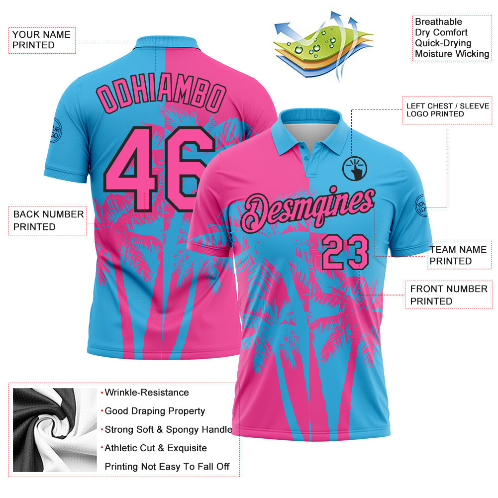 Custom Sky Blue Pink-Black Hawaii Tropical Coastal Palm Trees Performance Polo Shirt view 3