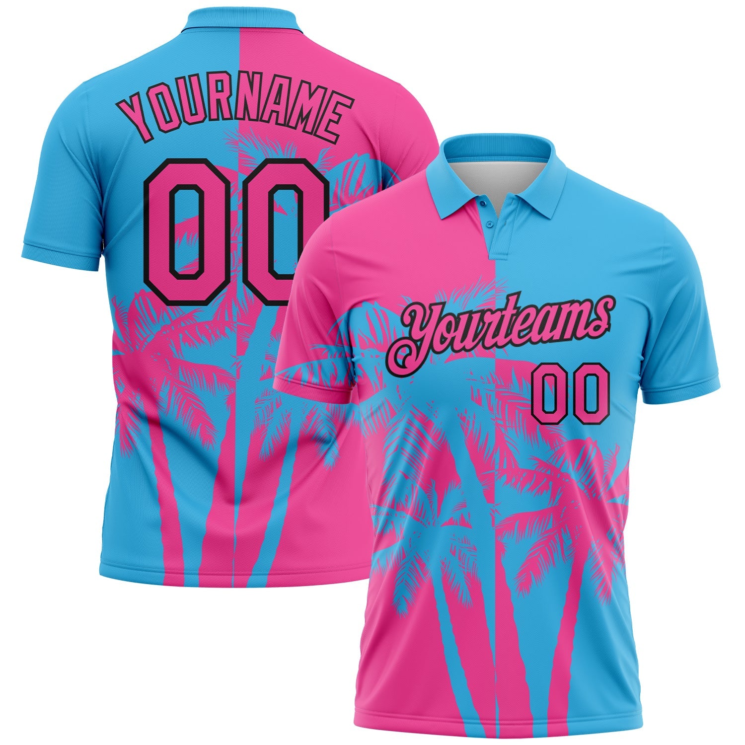 Custom Sky Blue Pink-Black Hawaii Tropical Coastal Palm Trees Performance Polo Shirt - Main View