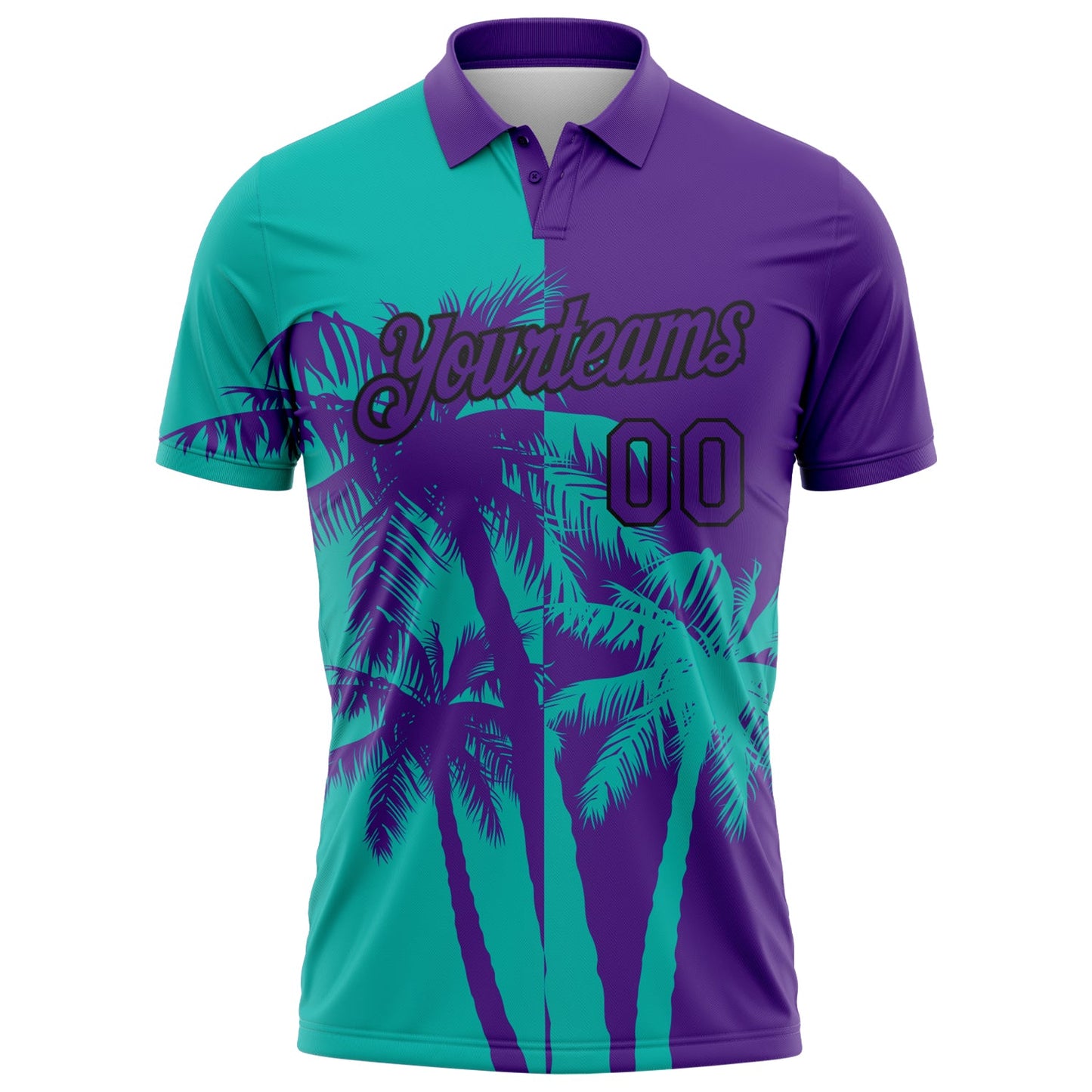 Custom Purple Aqua-Black Hawaii Tropical Coastal Palm Trees Performance Polo Shirt view 2