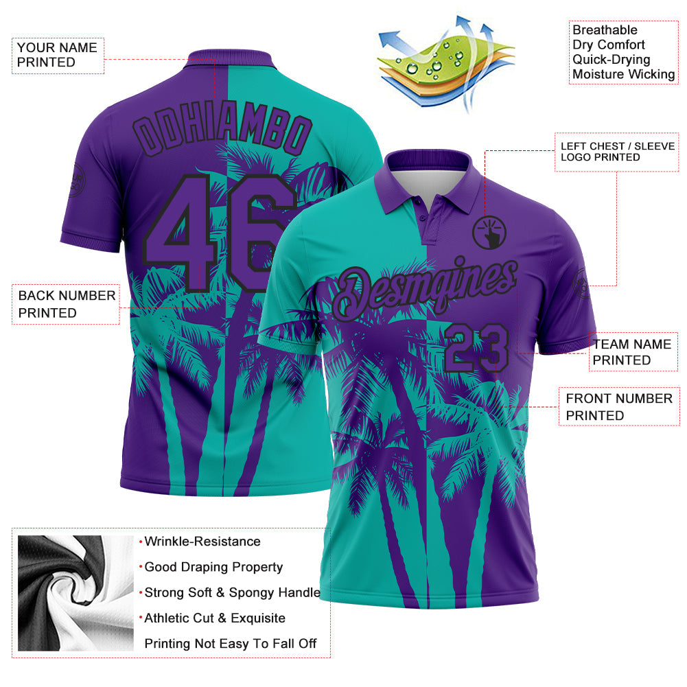Custom Purple Aqua-Black Hawaii Tropical Coastal Palm Trees Performance Polo Shirt view 3