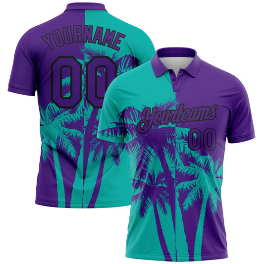 Custom Purple Aqua-Black Hawaii Tropical Coastal Palm Trees Performance Polo Shirt - Main View