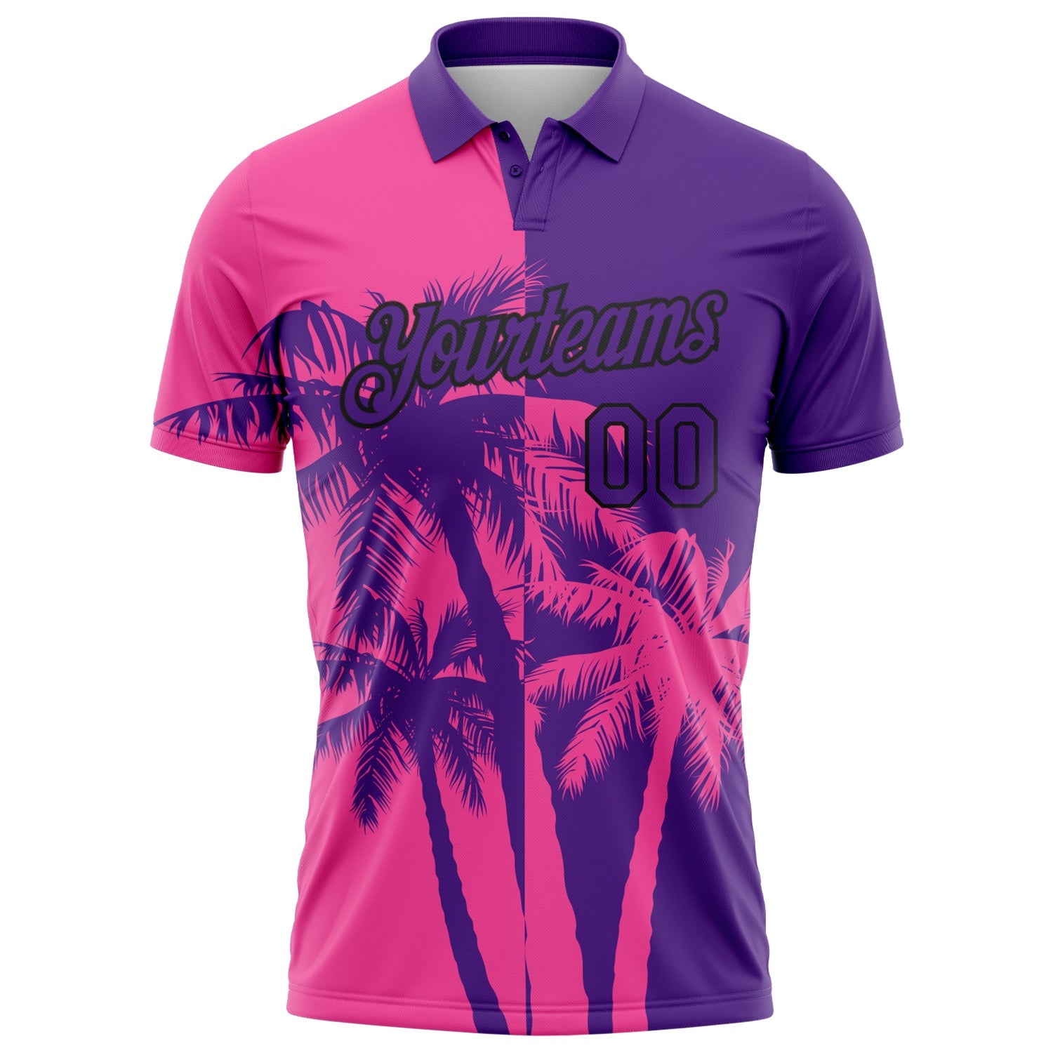 Custom Purple Pink-Black Hawaii Tropical Coastal Palm Trees Performance Polo Shirt view 2