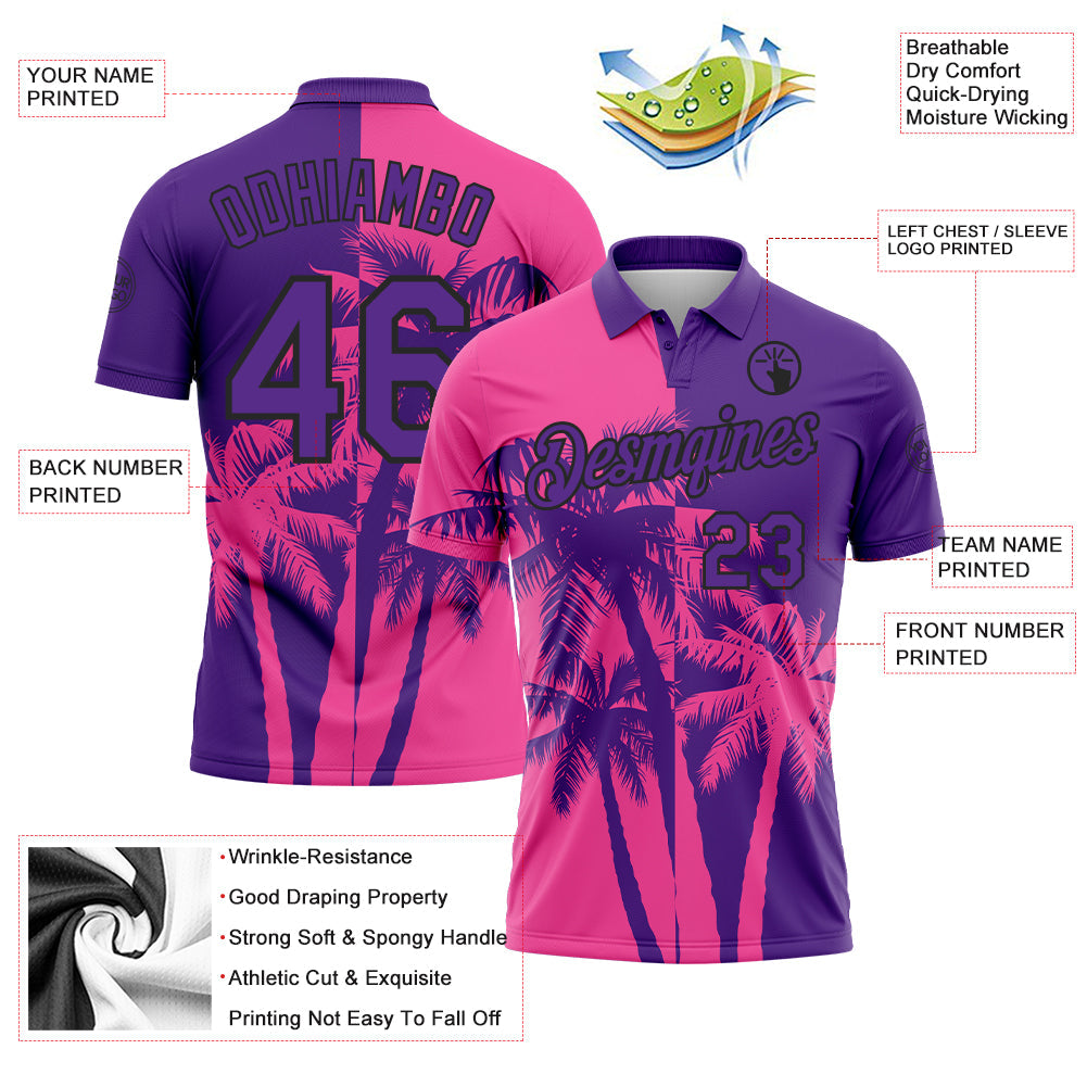 Custom Purple Pink-Black Hawaii Tropical Coastal Palm Trees Performance Polo Shirt view 3