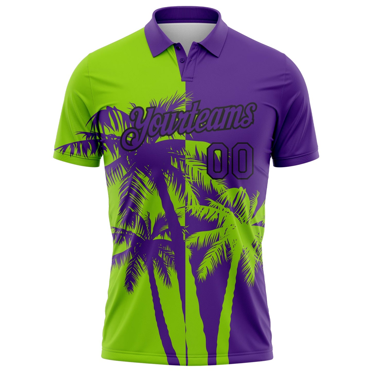Custom Purple Neon Green-Black Hawaii Tropical Coastal Palm Trees Performance Polo Shirt view 2