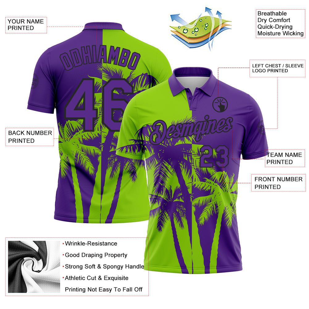 Custom Purple Neon Green-Black Hawaii Tropical Coastal Palm Trees Performance Polo Shirt view 3