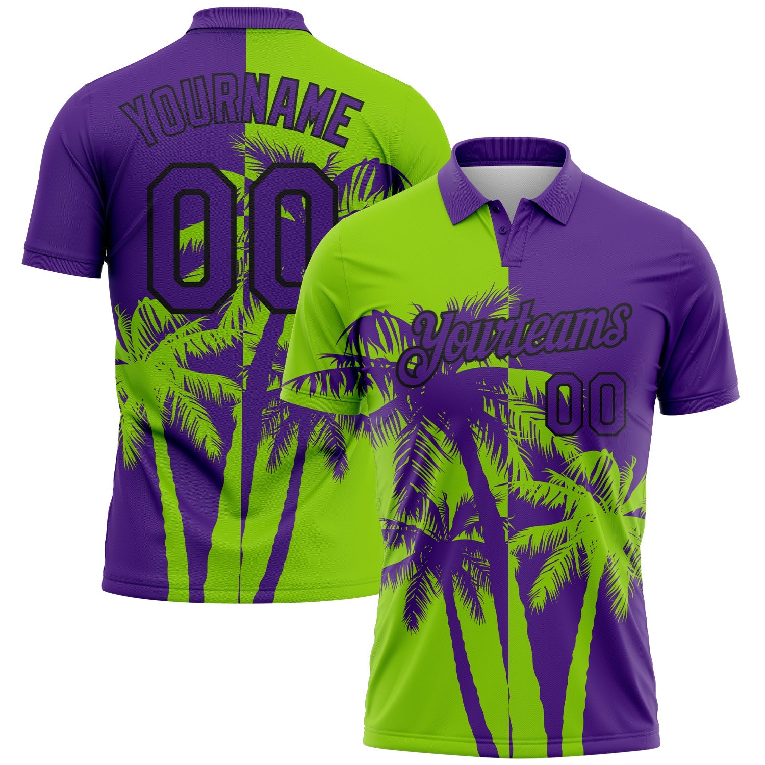 Custom Purple Neon Green-Black Hawaii Tropical Coastal Palm Trees Performance Polo Shirt - Main View
