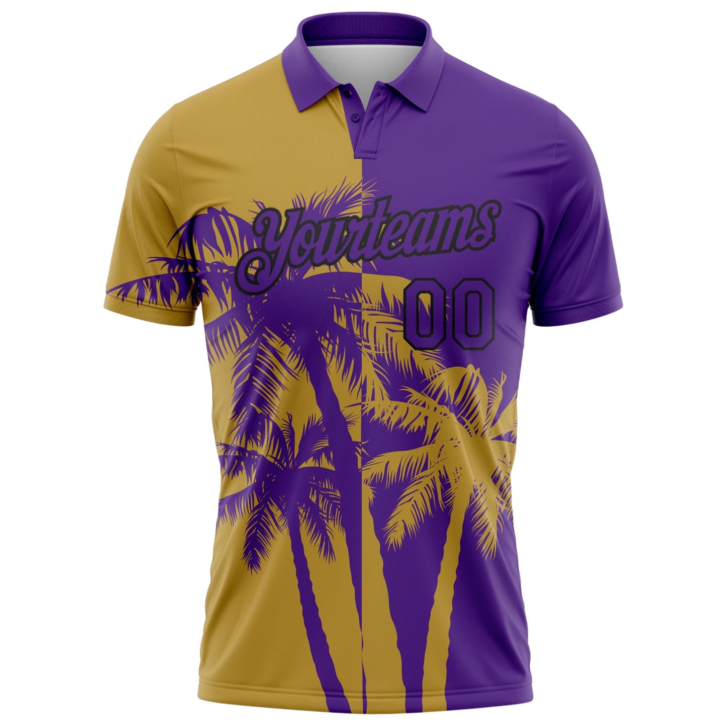 Custom Purple Old Gold-Black Hawaii Tropical Coastal Palm Trees Performance Polo Shirt view 2