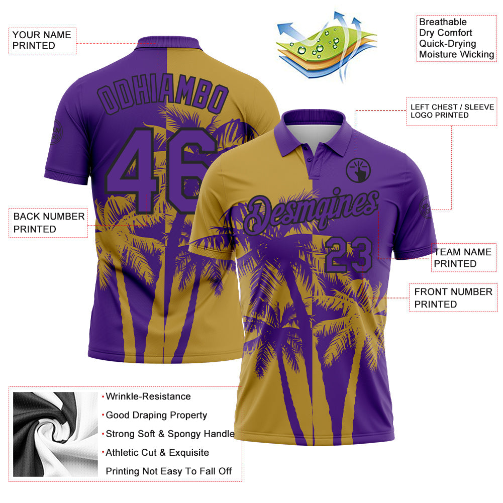 Custom Purple Old Gold-Black Hawaii Tropical Coastal Palm Trees Performance Polo Shirt view 3