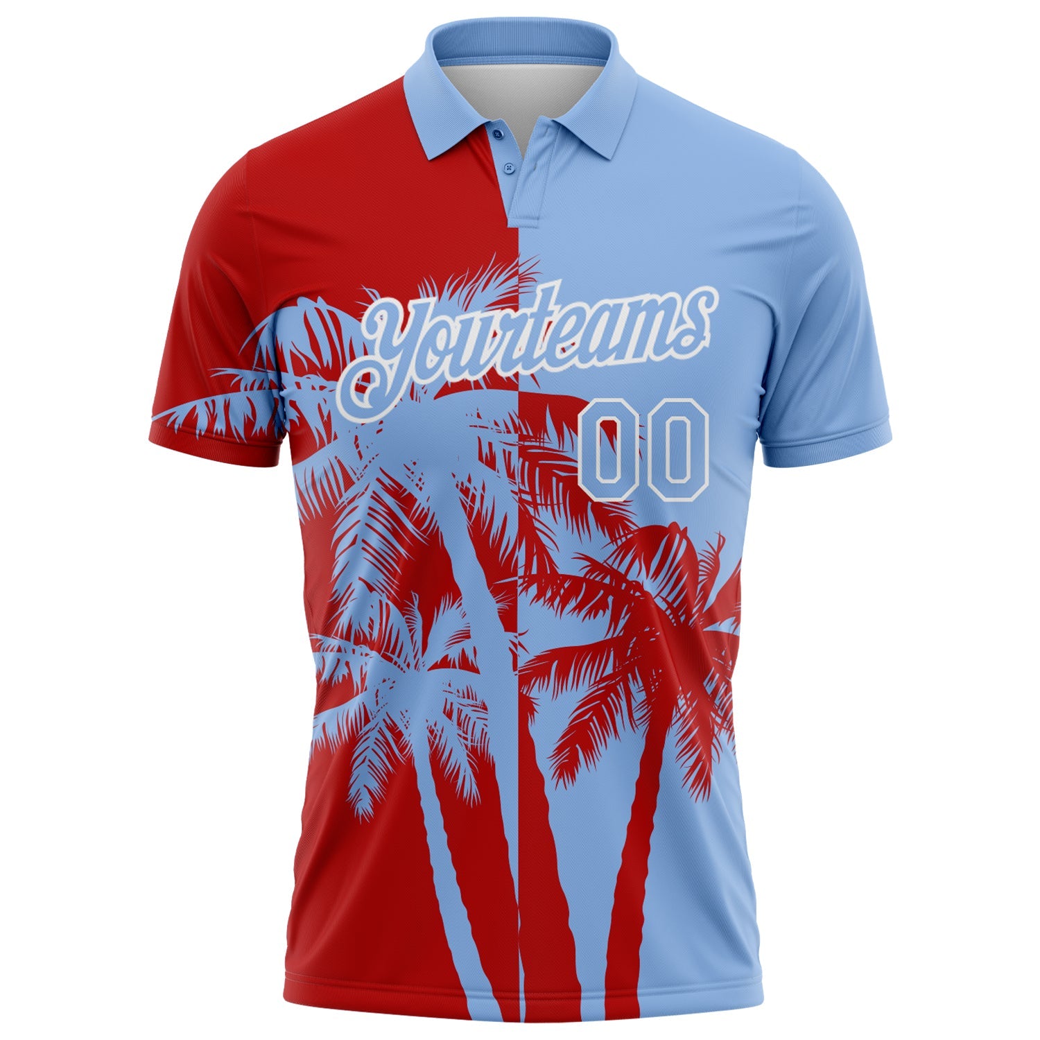 Custom Light Blue Red-White Hawaii Tropical Coastal Palm Trees Performance Polo Shirt view 2
