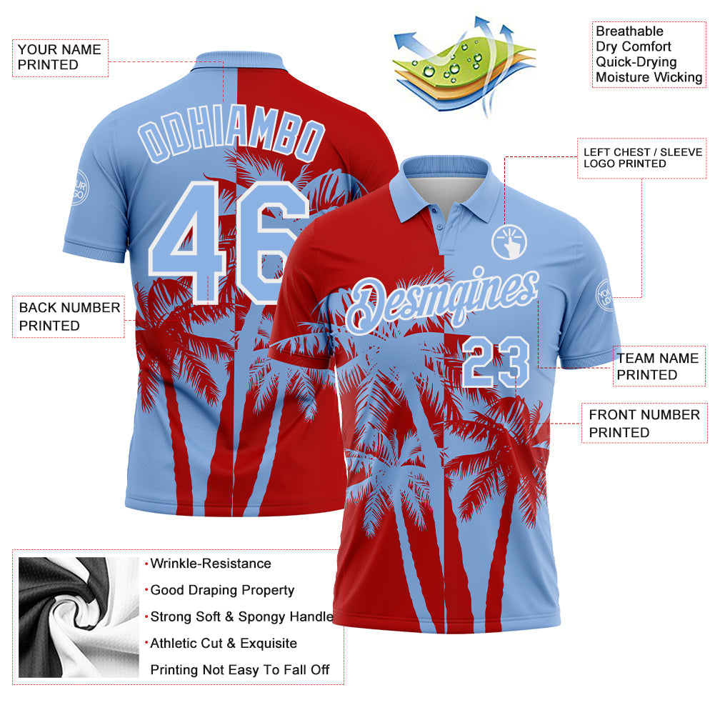 Custom Light Blue Red-White Hawaii Tropical Coastal Palm Trees Performance Polo Shirt view 3