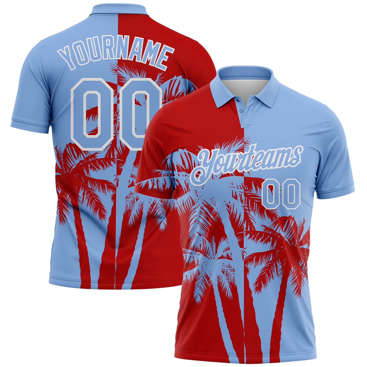 Custom Light Blue Red-White Hawaii Tropical Coastal Palm Trees Performance Polo Shirt - Main View