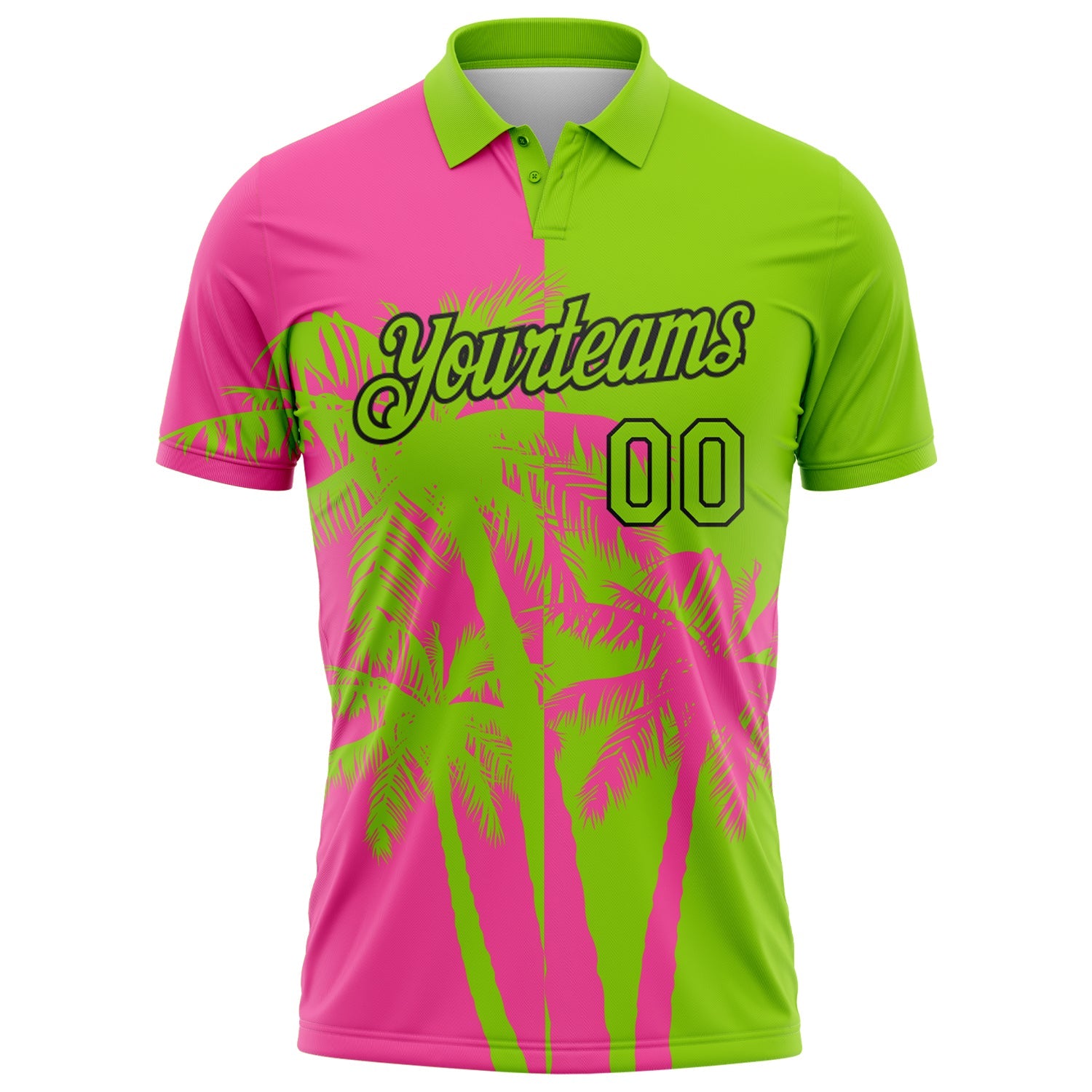 Custom Neon Green Pink-Black Hawaii Tropical Coastal Palm Trees Performance Polo Shirt view 2