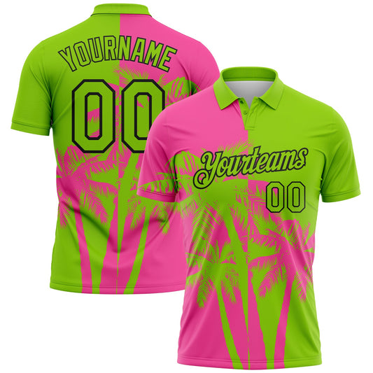 Custom Neon Green Pink-Black Hawaii Tropical Coastal Palm Trees Performance Polo Shirt - Main View