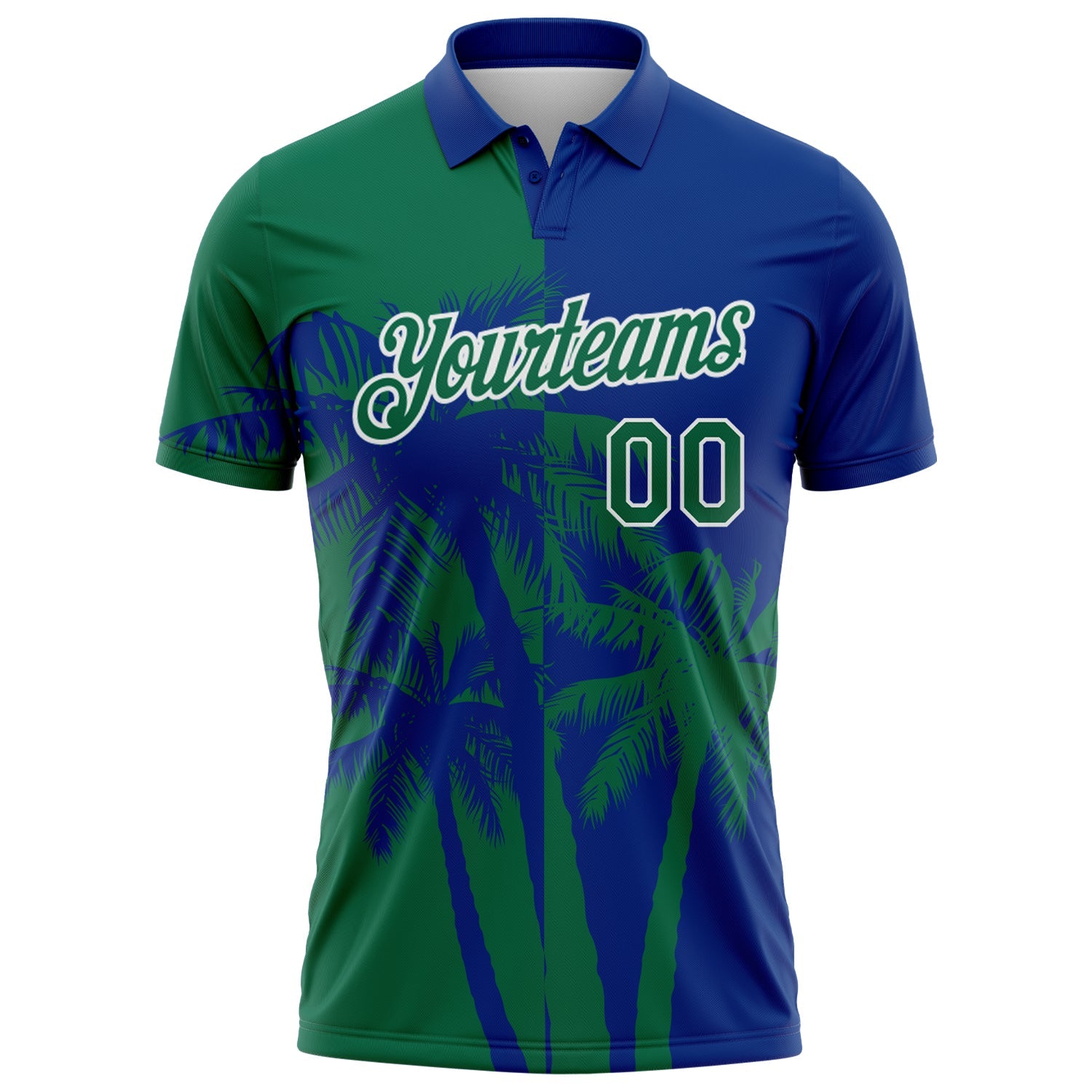 Custom Royal Kelly Green-White Hawaii Tropical Coastal Palm Trees Performance Polo Shirt view 2