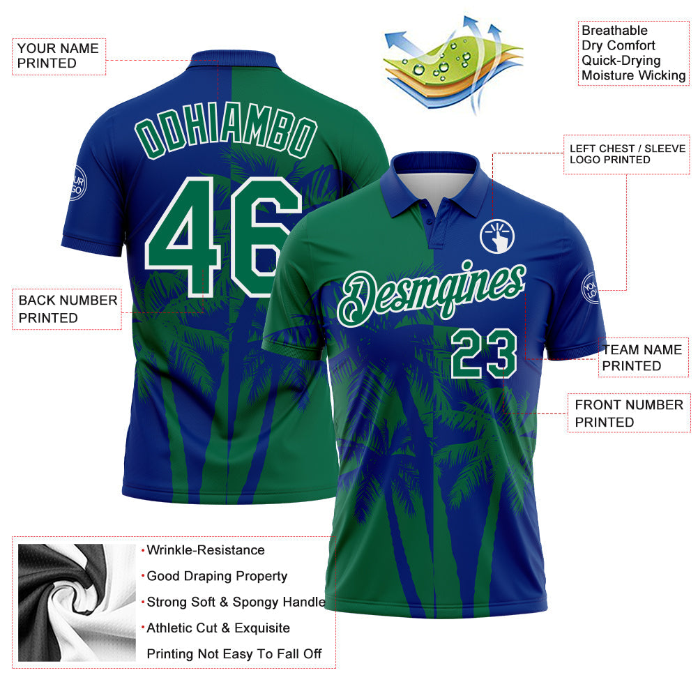 Custom Royal Kelly Green-White Hawaii Tropical Coastal Palm Trees Performance Polo Shirt view 3