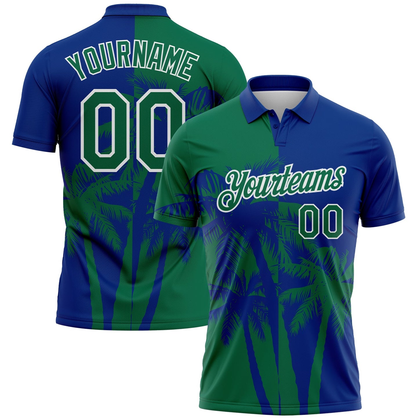 Custom Royal Kelly Green-White Hawaii Tropical Coastal Palm Trees Performance Polo Shirt - Main View