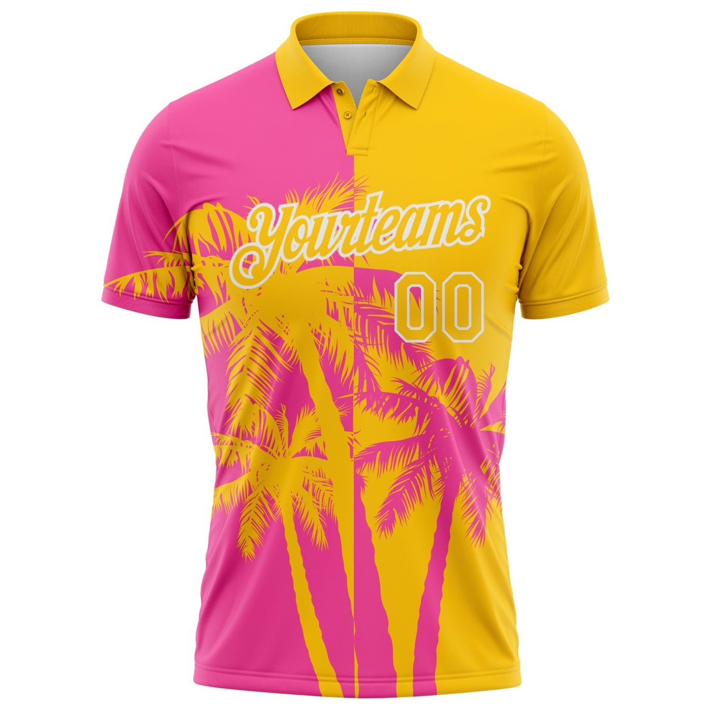 Custom Yellow Pink-White Hawaii Tropical Coastal Palm Trees Performance Polo Shirt view 2