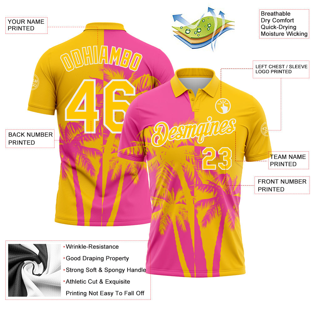 Custom Yellow Pink-White Hawaii Tropical Coastal Palm Trees Performance Polo Shirt view 3