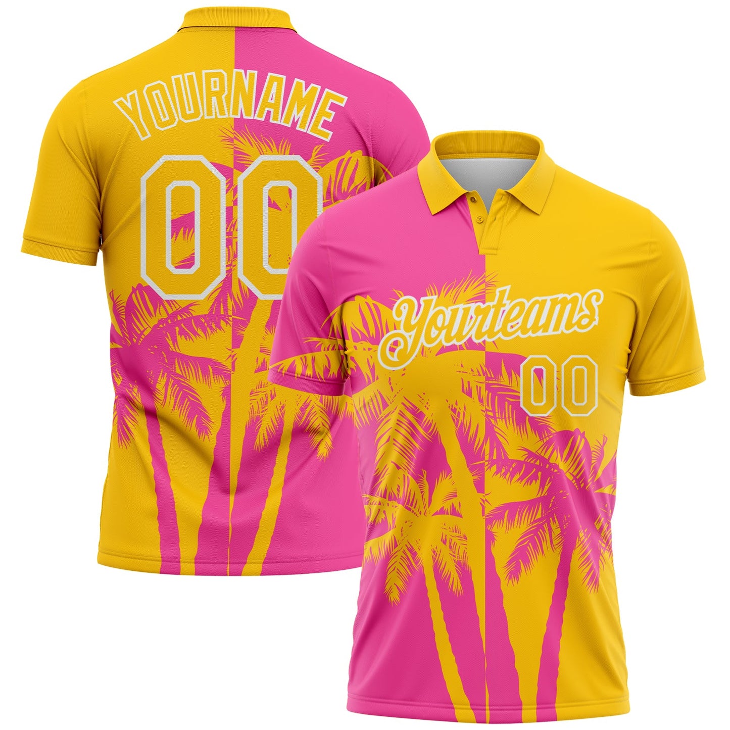 Custom Yellow Pink-White Hawaii Tropical Coastal Palm Trees Performance Polo Shirt - Main View