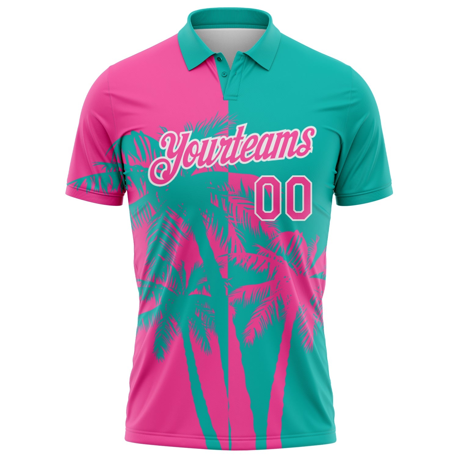Custom Aqua Pink-White Hawaii Tropical Coastal Palm Trees Performance Polo Shirt view 2