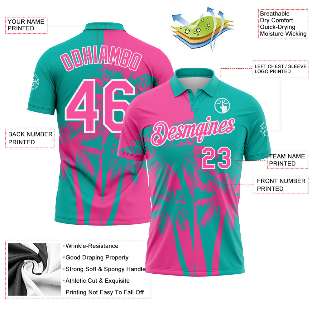 Custom Aqua Pink-White Hawaii Tropical Coastal Palm Trees Performance Polo Shirt view 3