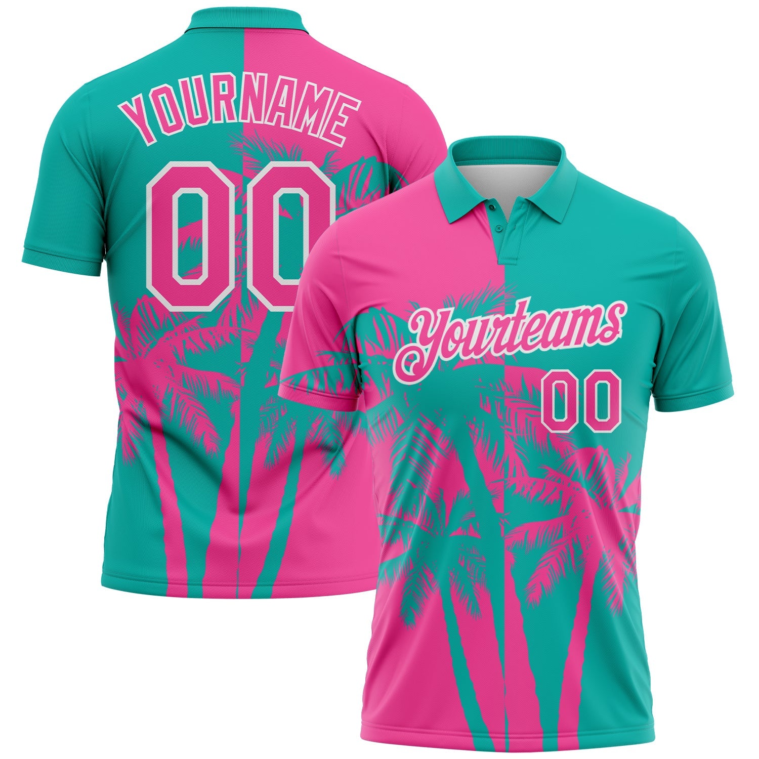 Custom Aqua Pink-White Hawaii Tropical Coastal Palm Trees Performance Polo Shirt - Main View