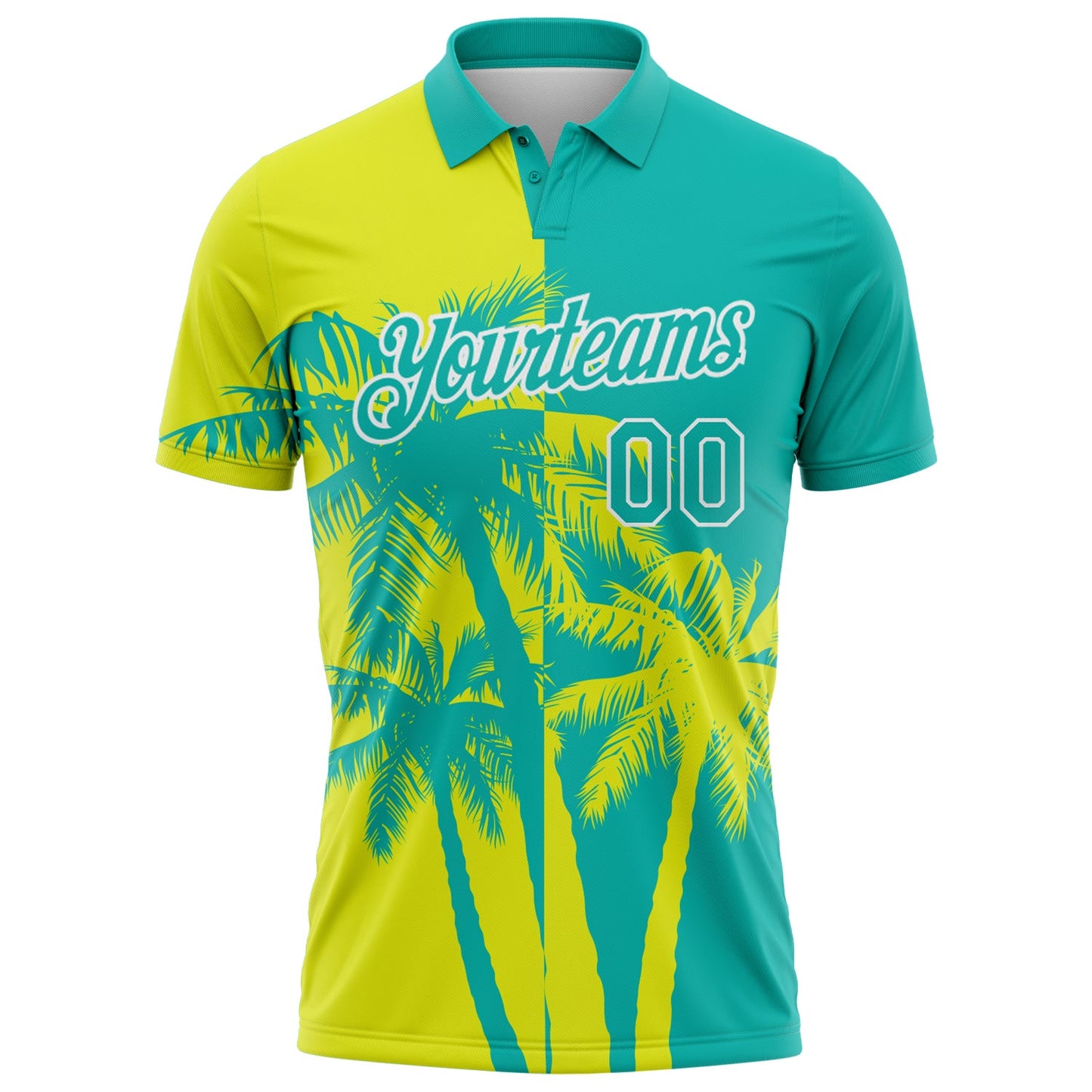 Custom Aqua Neon Yellow-White Hawaii Tropical Coastal Palm Trees Performance Polo Shirt view 2
