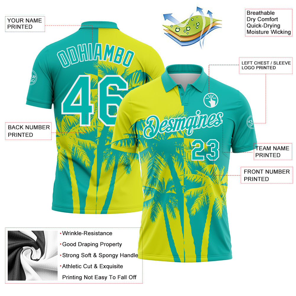 Custom Aqua Neon Yellow-White Hawaii Tropical Coastal Palm Trees Performance Polo Shirt view 3