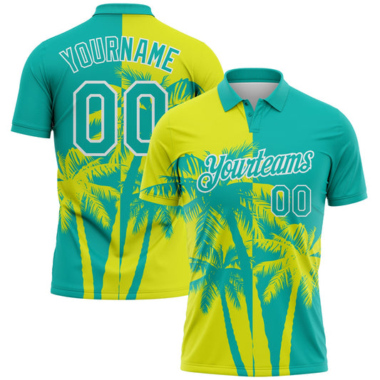 Custom Aqua Neon Yellow-White Hawaii Tropical Coastal Palm Trees Performance Polo Shirt - Main View