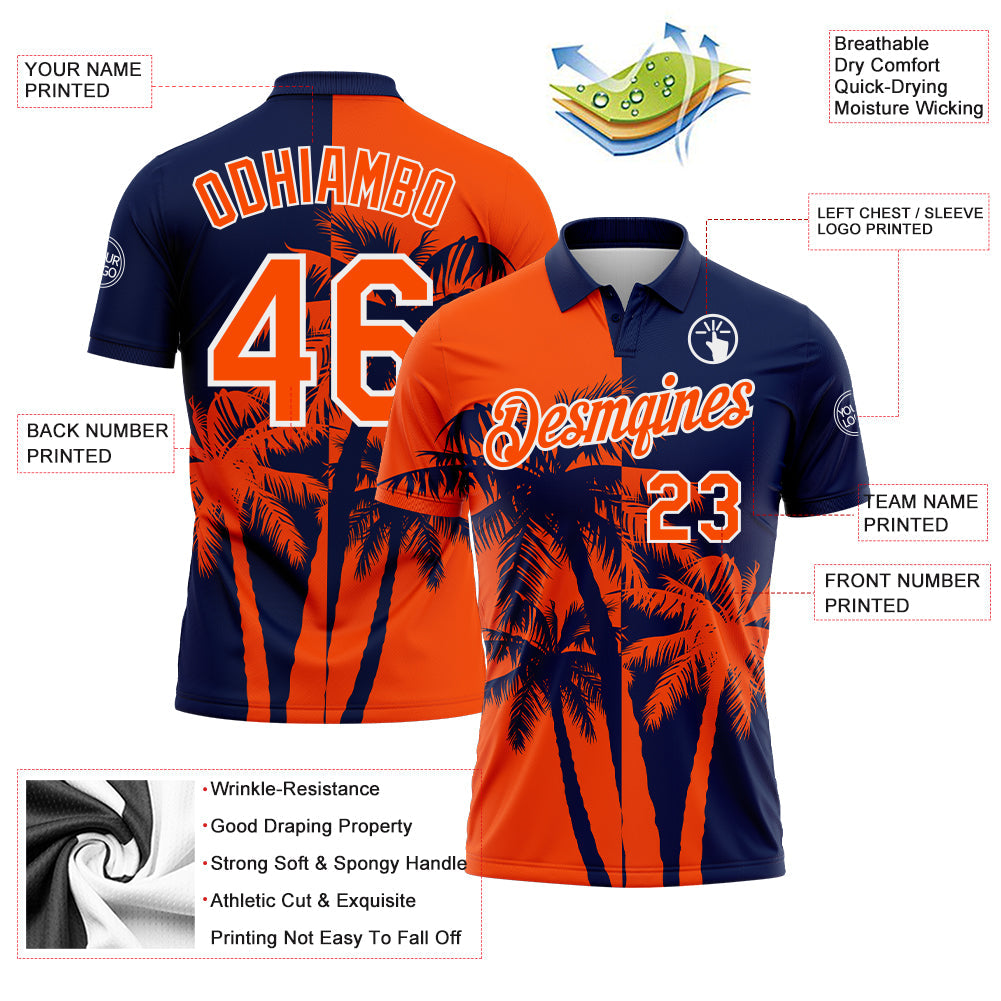 Custom Navy Orange-White Hawaii Tropical Coastal Palm Trees Performance Polo Shirt view 3