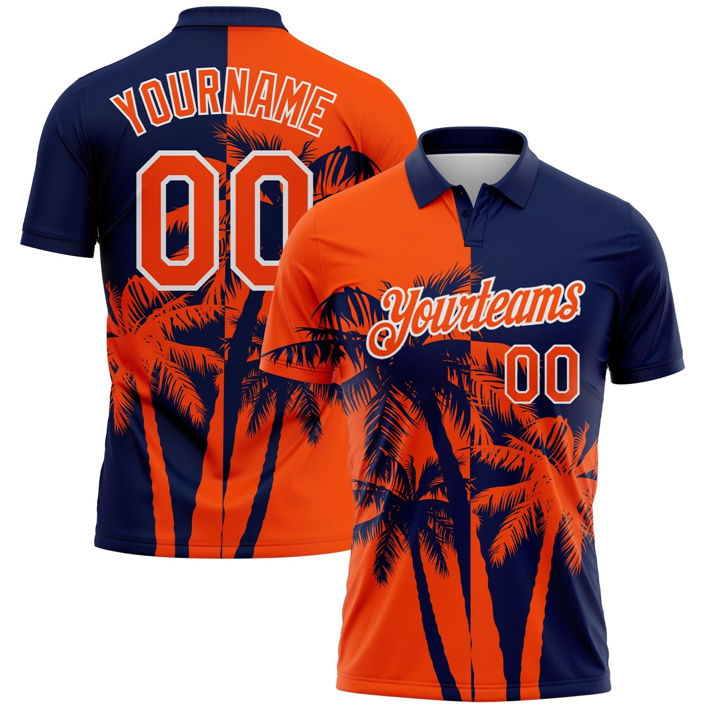 Custom Navy Orange-White Hawaii Tropical Coastal Palm Trees Performance Polo Shirt - Main View