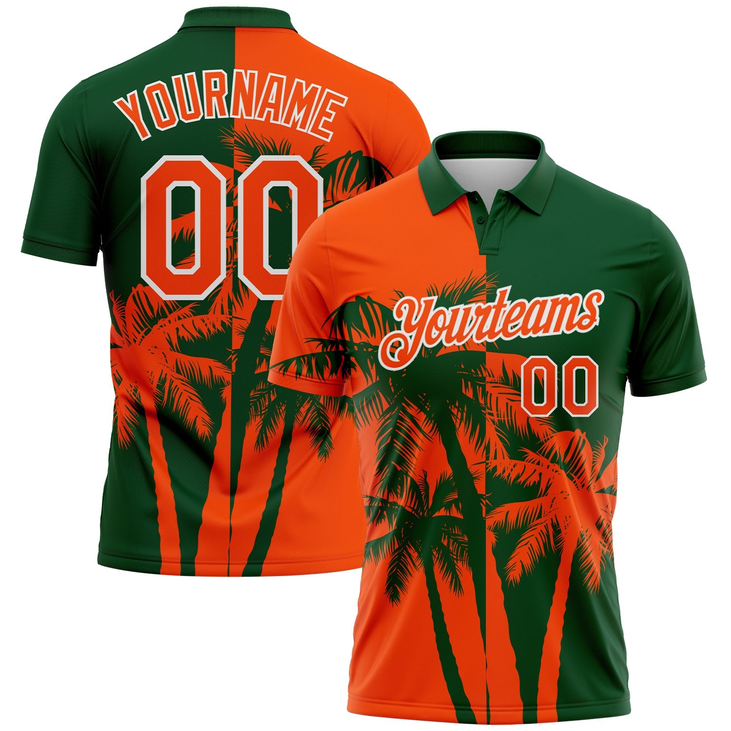 Custom Green Orange-White Hawaii Tropical Coastal Palm Trees Performance Polo Shirt - Main View