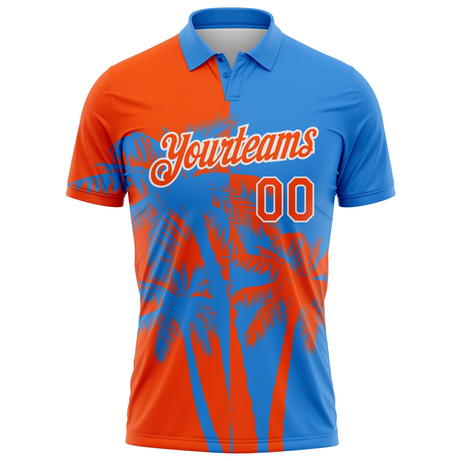 Custom Powder Blue Orange-White Hawaii Tropical Coastal Palm Trees Performance Polo Shirt view 2