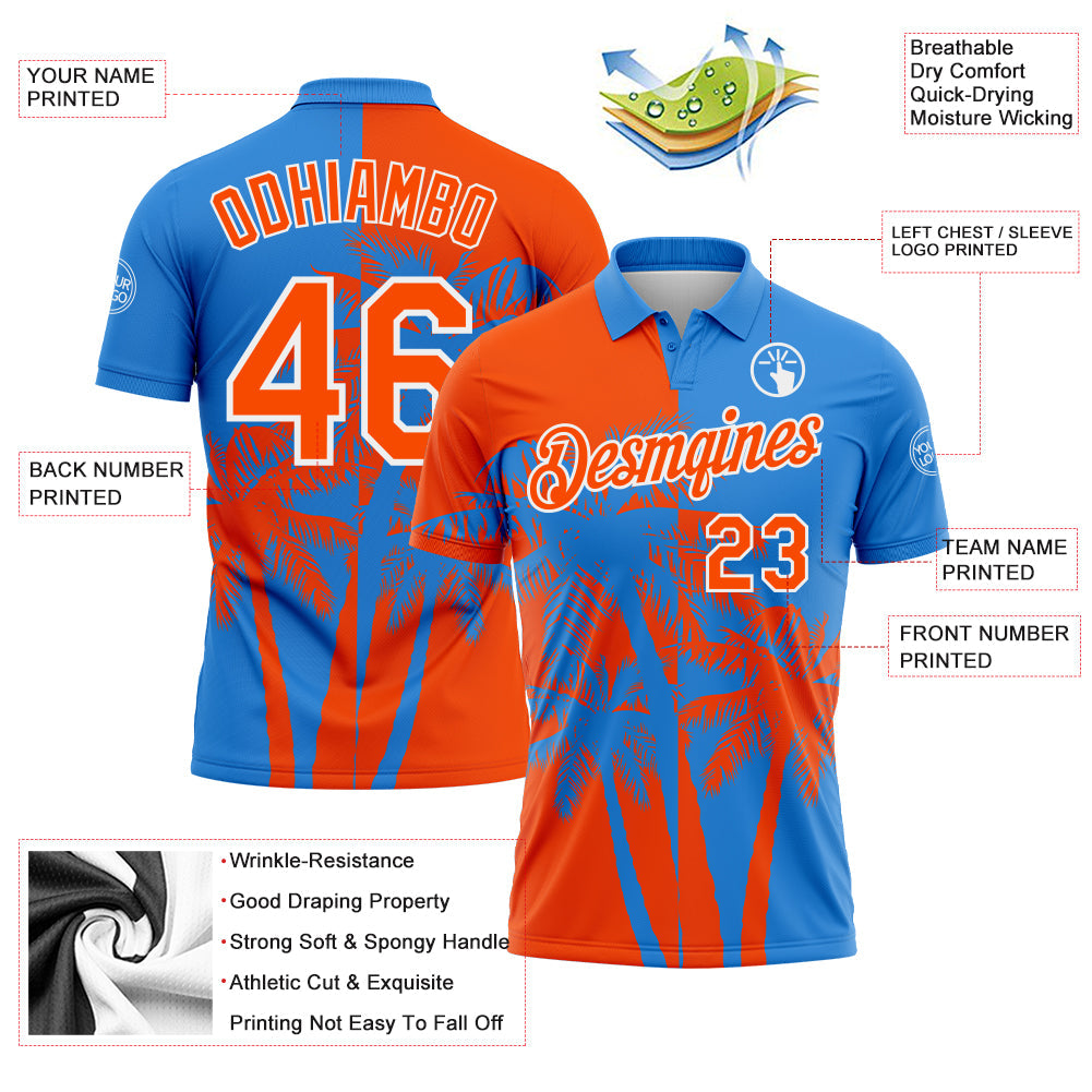 Custom Powder Blue Orange-White Hawaii Tropical Coastal Palm Trees Performance Polo Shirt view 3