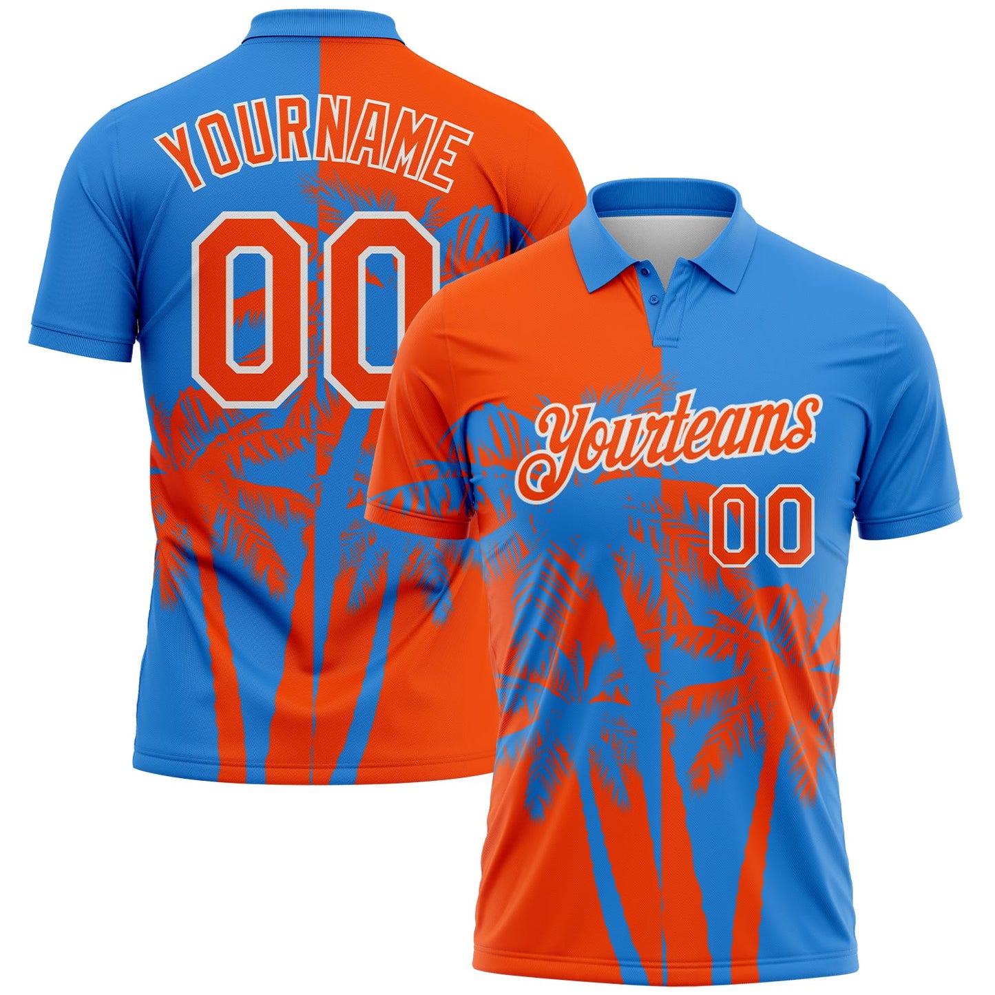 Custom Powder Blue Orange-White Hawaii Tropical Coastal Palm Trees Performance Polo Shirt - Main View