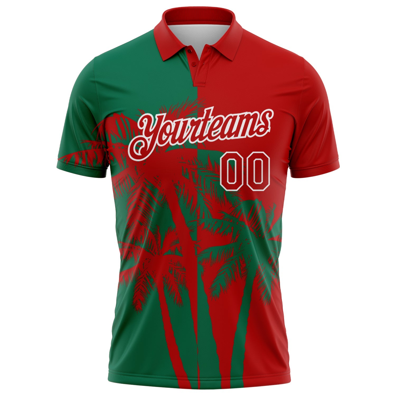 Custom Red Kelly Green-White Hawaii Tropical Coastal Palm Trees Performance Polo Shirt view 2