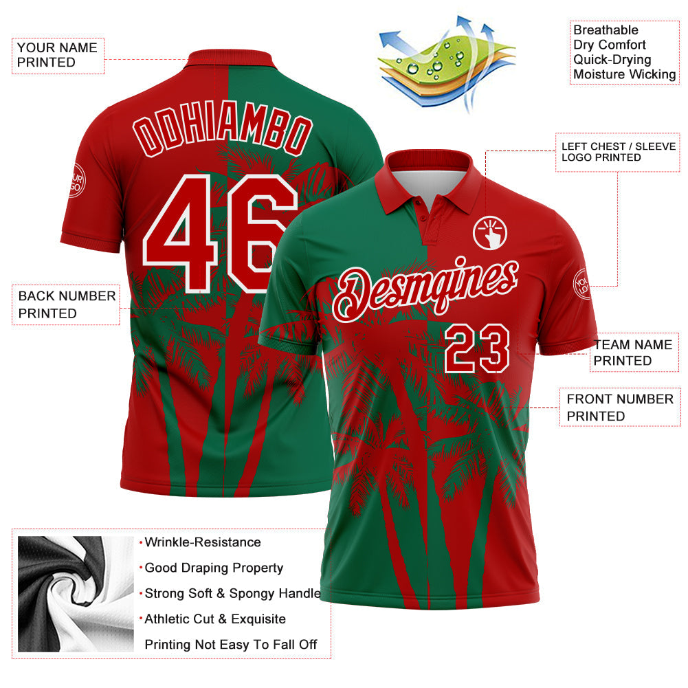 Custom Red Kelly Green-White Hawaii Tropical Coastal Palm Trees Performance Polo Shirt view 3