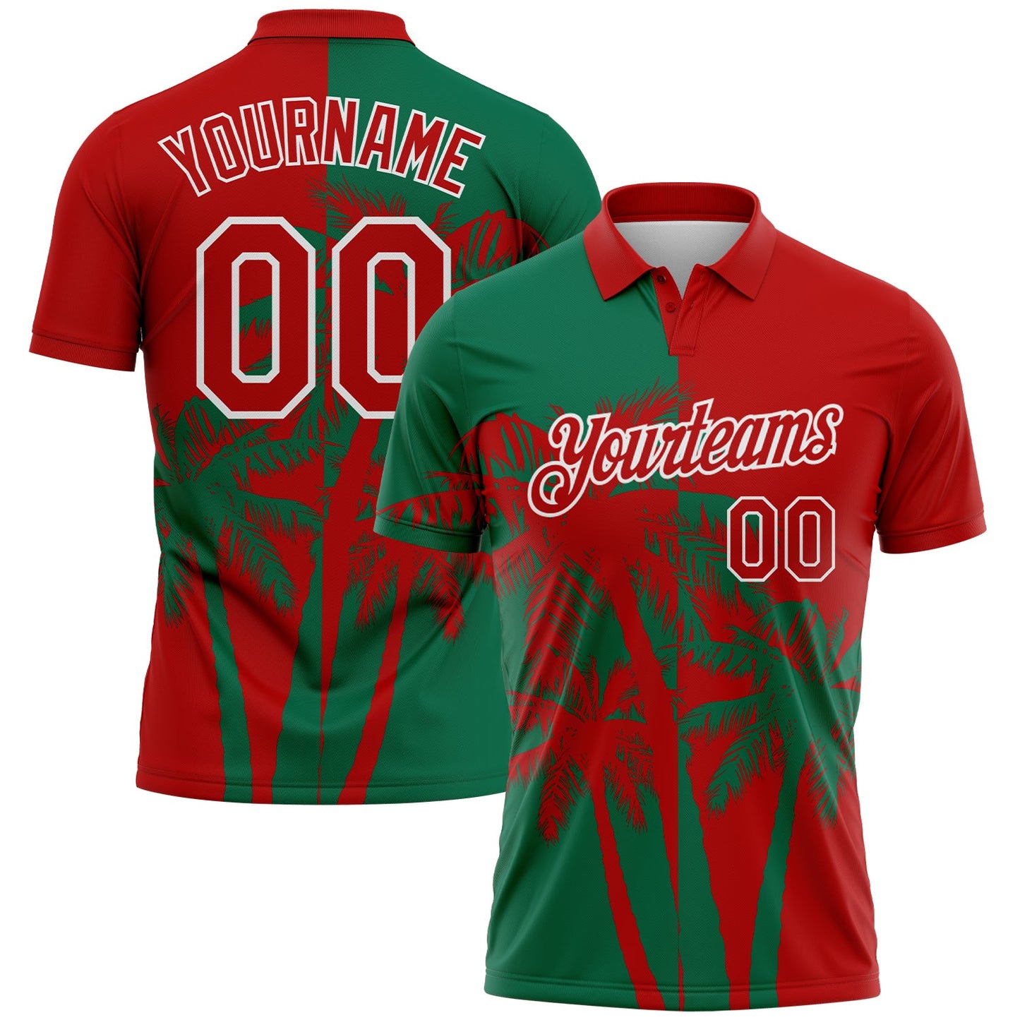 Custom Red Kelly Green-White Hawaii Tropical Coastal Palm Trees Performance Polo Shirt - Main View
