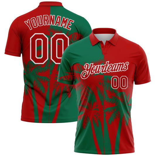 Custom Red Kelly Green-White Hawaii Tropical Coastal Palm Trees Performance Polo Shirt - Main View