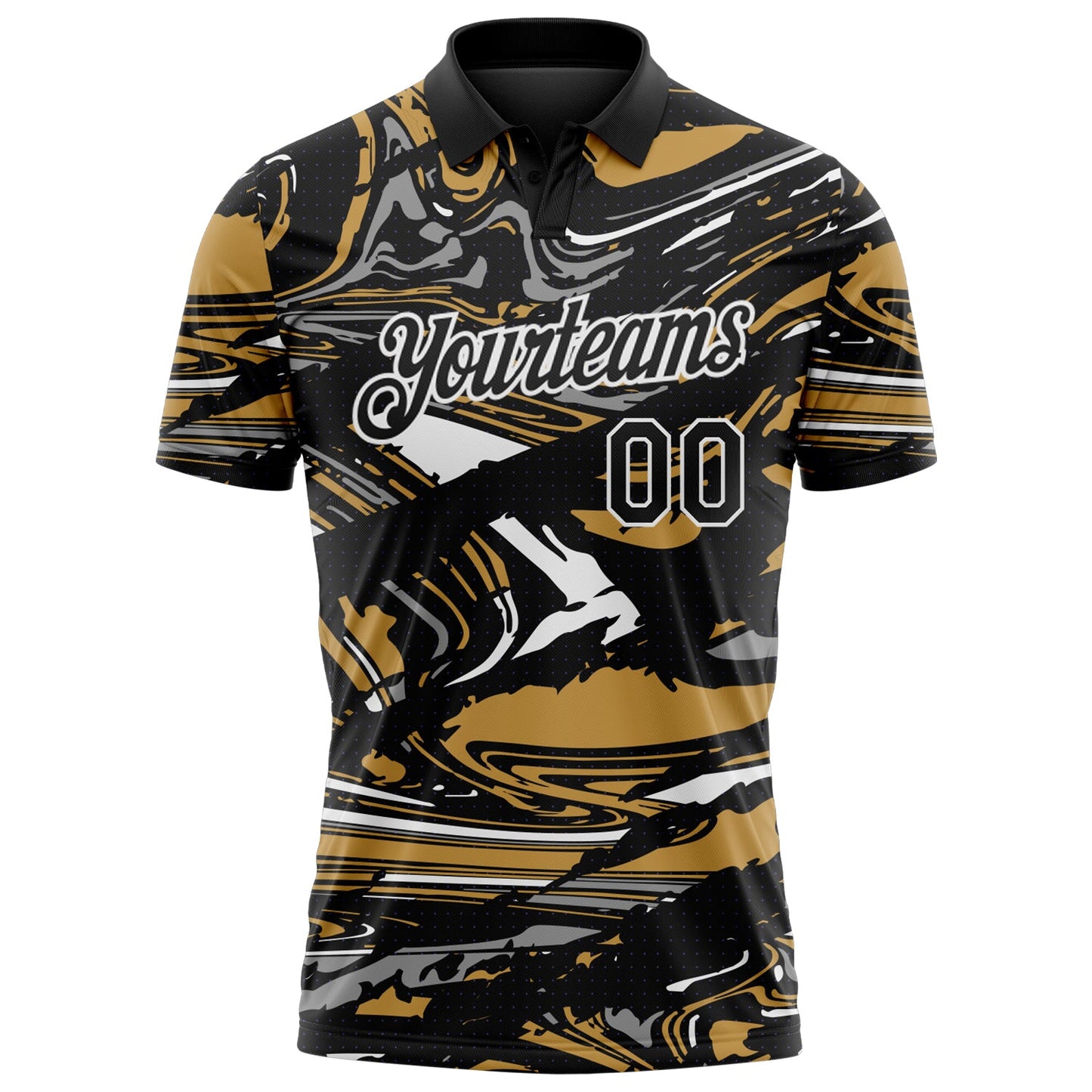 Custom Black Old Gold Gray-White 3D Pattern Abstract Fluid Marble Performance Polo Shirt view 2