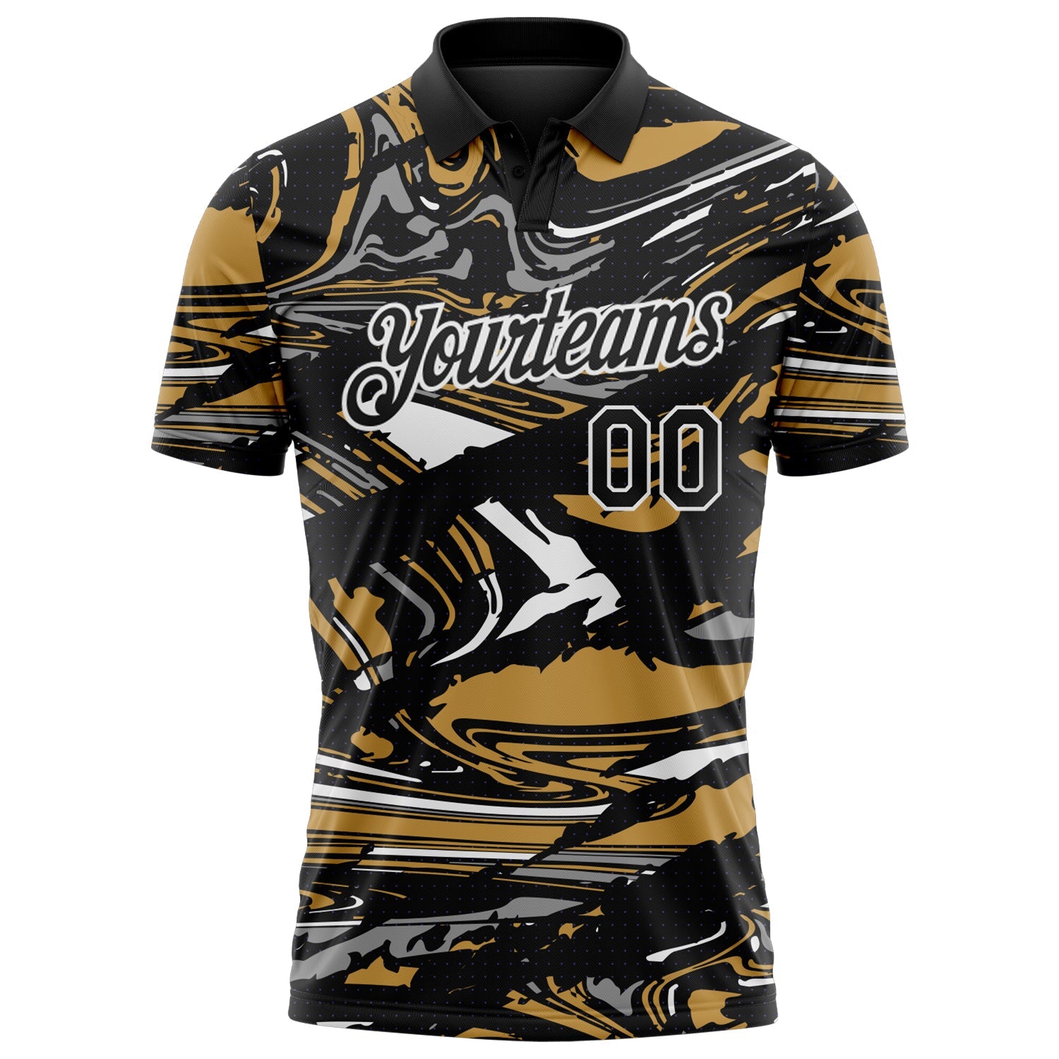 Custom Black Old Gold Gray-White 3D Pattern Abstract Fluid Marble Performance Polo Shirt view 2
