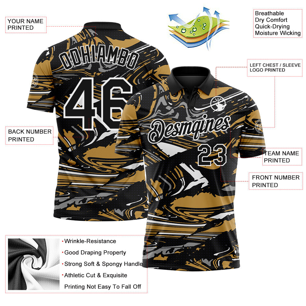 Custom Black Old Gold Gray-White 3D Pattern Abstract Fluid Marble Performance Polo Shirt view 3