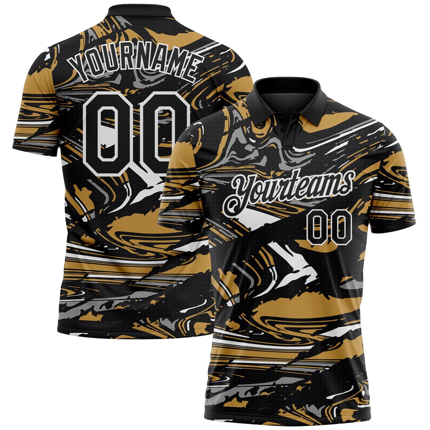 Custom Black Old Gold Gray-White 3D Pattern Abstract Fluid Marble Performance Polo Shirt - Main View