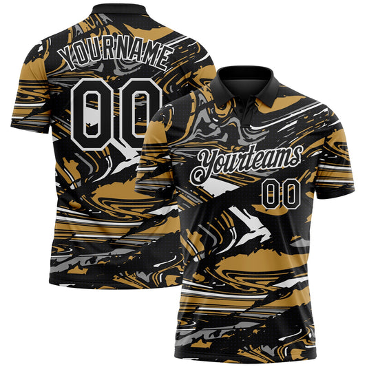 Custom Black Old Gold Gray-White 3D Pattern Abstract Fluid Marble Performance Polo Shirt - Main View