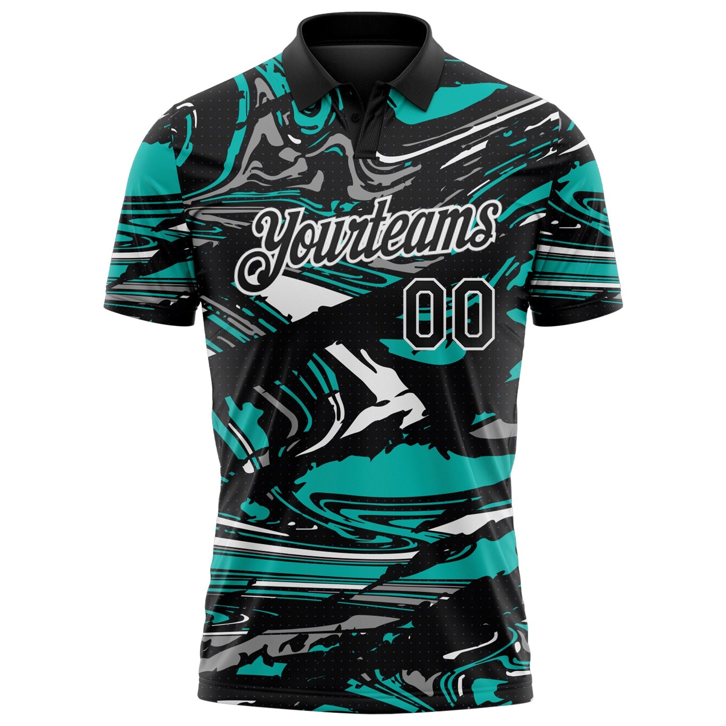 Custom Black Aqua Gray-White 3D Pattern Abstract Fluid Marble Performance Polo Shirt view 2