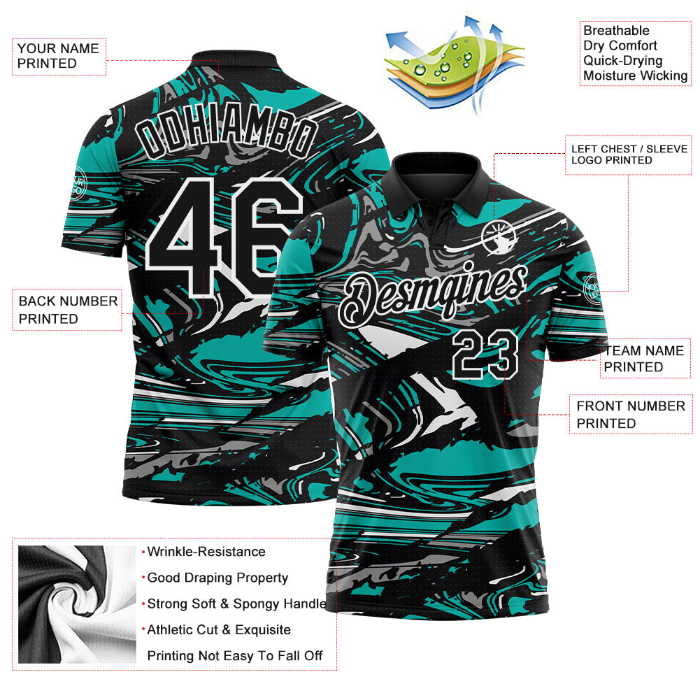 Custom Black Aqua Gray-White 3D Pattern Abstract Fluid Marble Performance Polo Shirt view 3