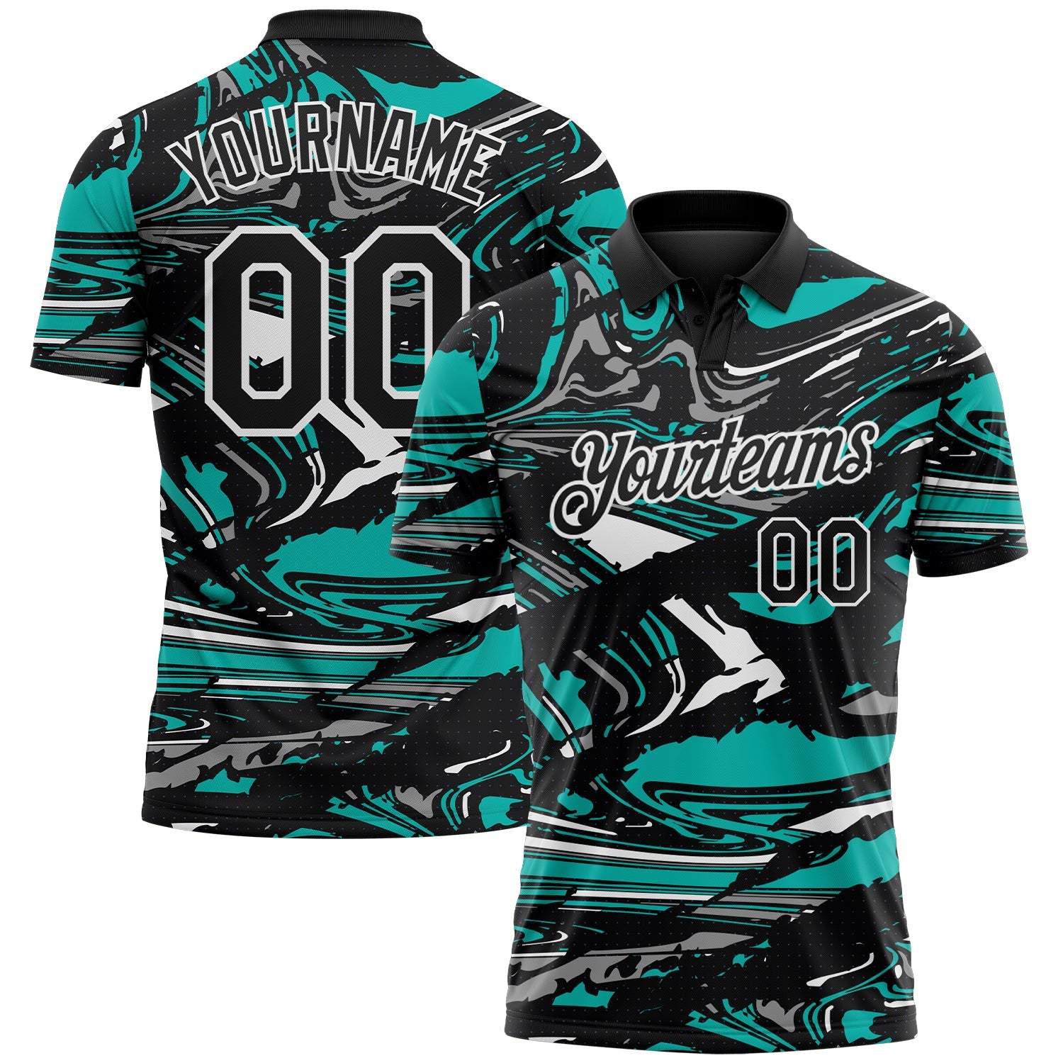 Custom Black Aqua Gray-White 3D Pattern Abstract Fluid Marble Performance Polo Shirt - Main View