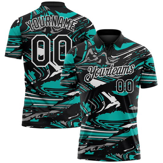Custom Black Aqua Gray-White 3D Pattern Abstract Fluid Marble Performance Polo Shirt - Main View
