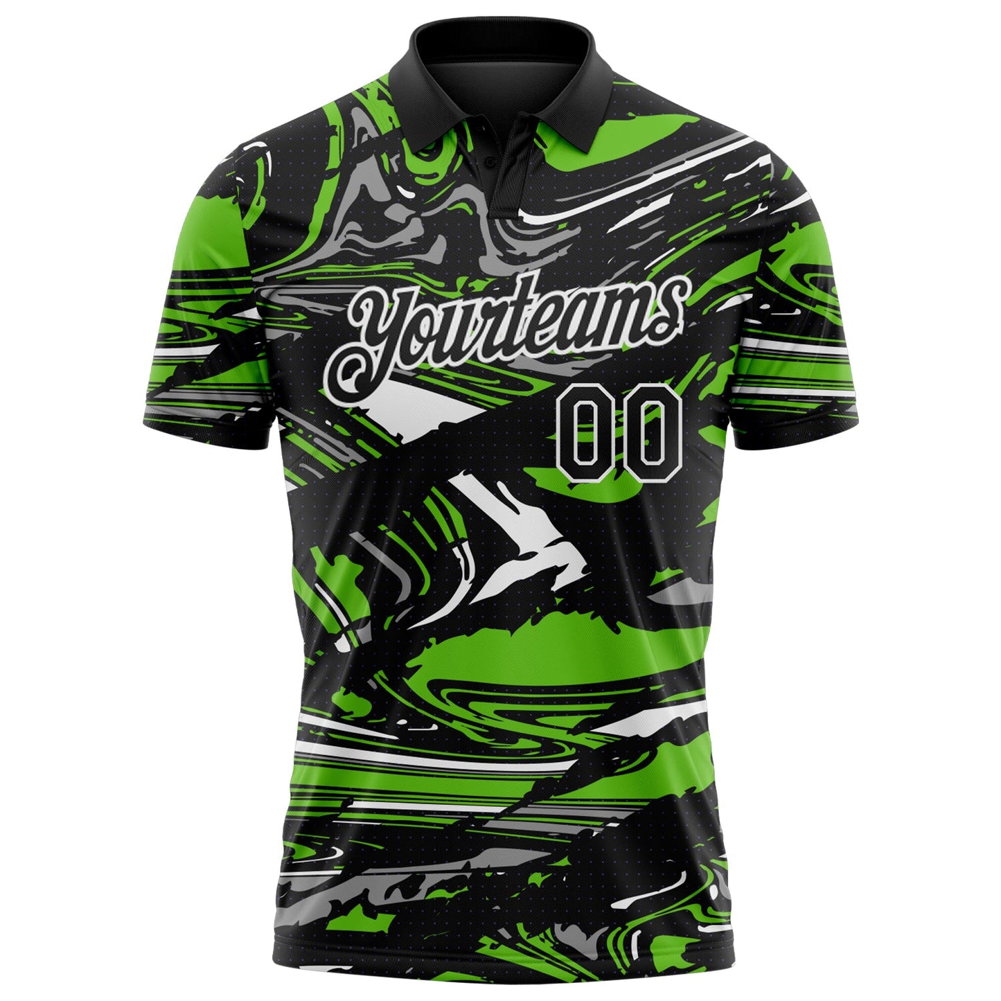Custom Black Aurora Green Gray-White 3D Pattern Abstract Fluid Marble Performance Polo Shirt view 2